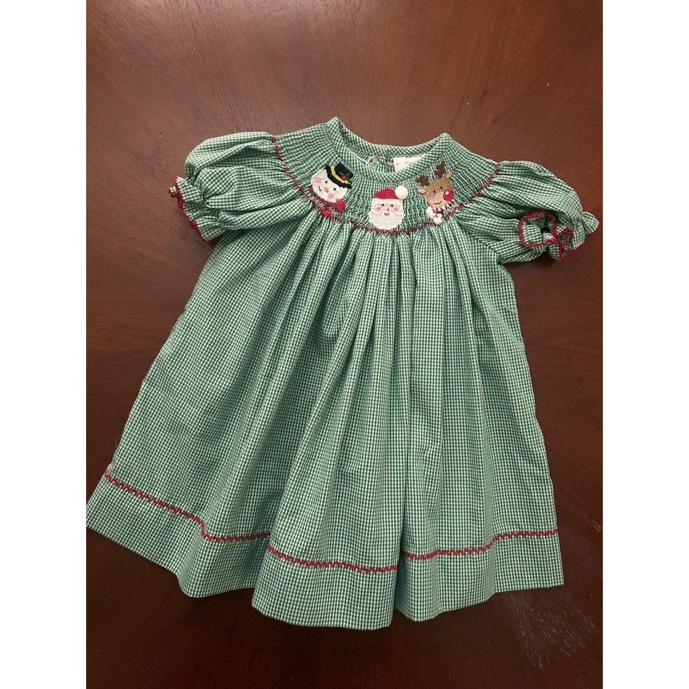 Stellybelly Christmas Smocked Dress Green Gingham Santa Snowman Reindeer 18M